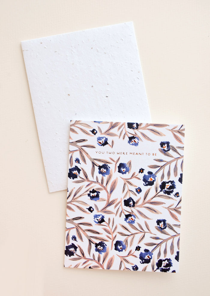 Notecards with blue flowers and brown stems and the text "You Two Were Meant To Be", with white envelope.